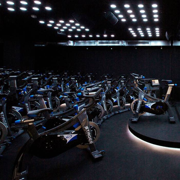 Indoor cycling studio with Stages bikes