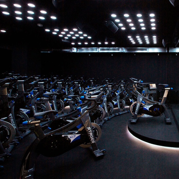 Indoor cycling studio with Stages bikes